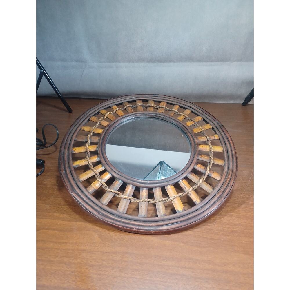 VINTAGE BAMBOO And WOOD MIRROR 18" Round Excellent Condition